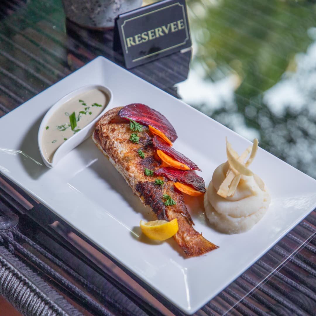 Poisson braisé, purée et sauce maison